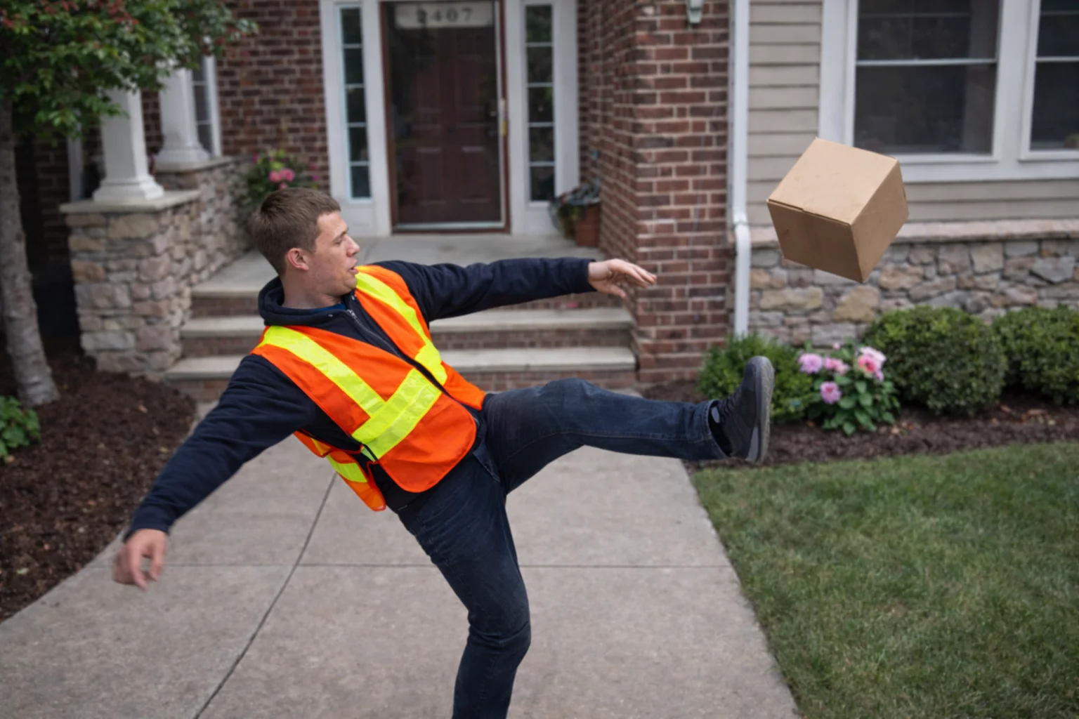 Delivery worker slipping while dropping a package in front of a house